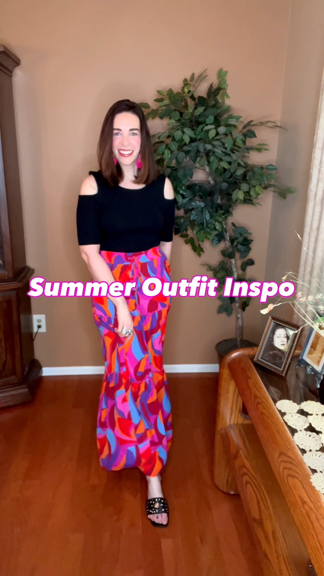 Black cut out short sleeve top (s). Multicolor tiered maxi skirt (s). Black studded slides (8.5). #shortsleevetop #blacktop #cutouttop #maxiskirt #skirt #multicolorskirt #tieredskirt #slides #blackslides #studdedslides #summeroutfit #summerdresses 
summer outfits 
summer dresses

#LTKootd #LTKSeasonal