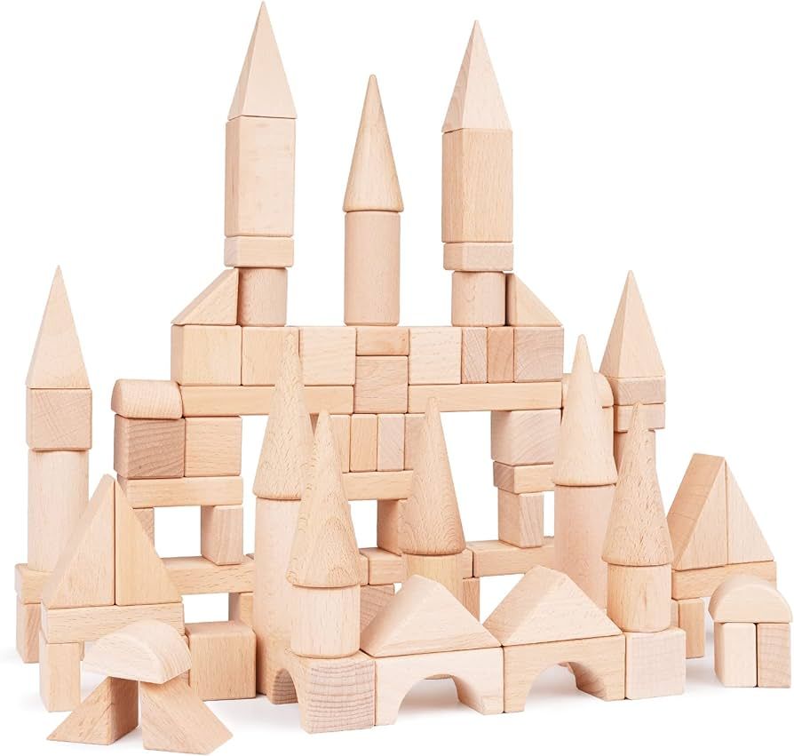 GenJuw 100Pcs Wooden Building Blocks Set- Wood Stacker Stacking Blocks Game Toys for Toddlers, Mu... | Amazon (US)