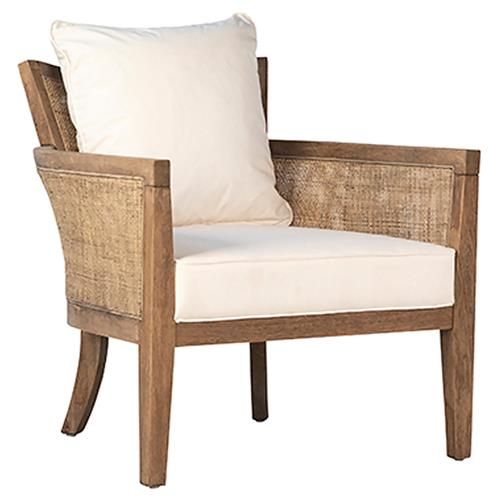 Katerine Coastal Brown Oak Wood White Upholstered Seat Back Occasional Chair | Kathy Kuo Home