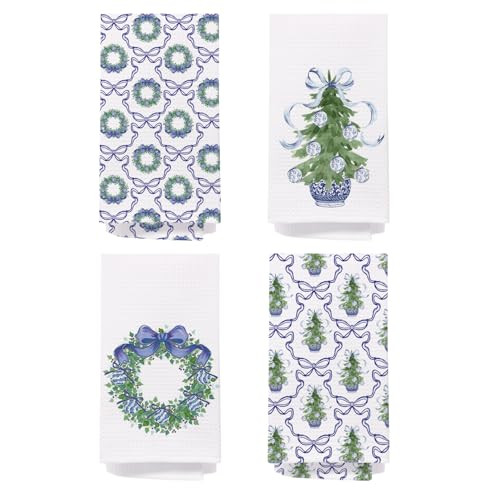 SPBL&L Chinoiserie Christmas Kitchen Towels, Blue Bow Coquette Christmas Tree Dish Towels for Kit... | Amazon (US)