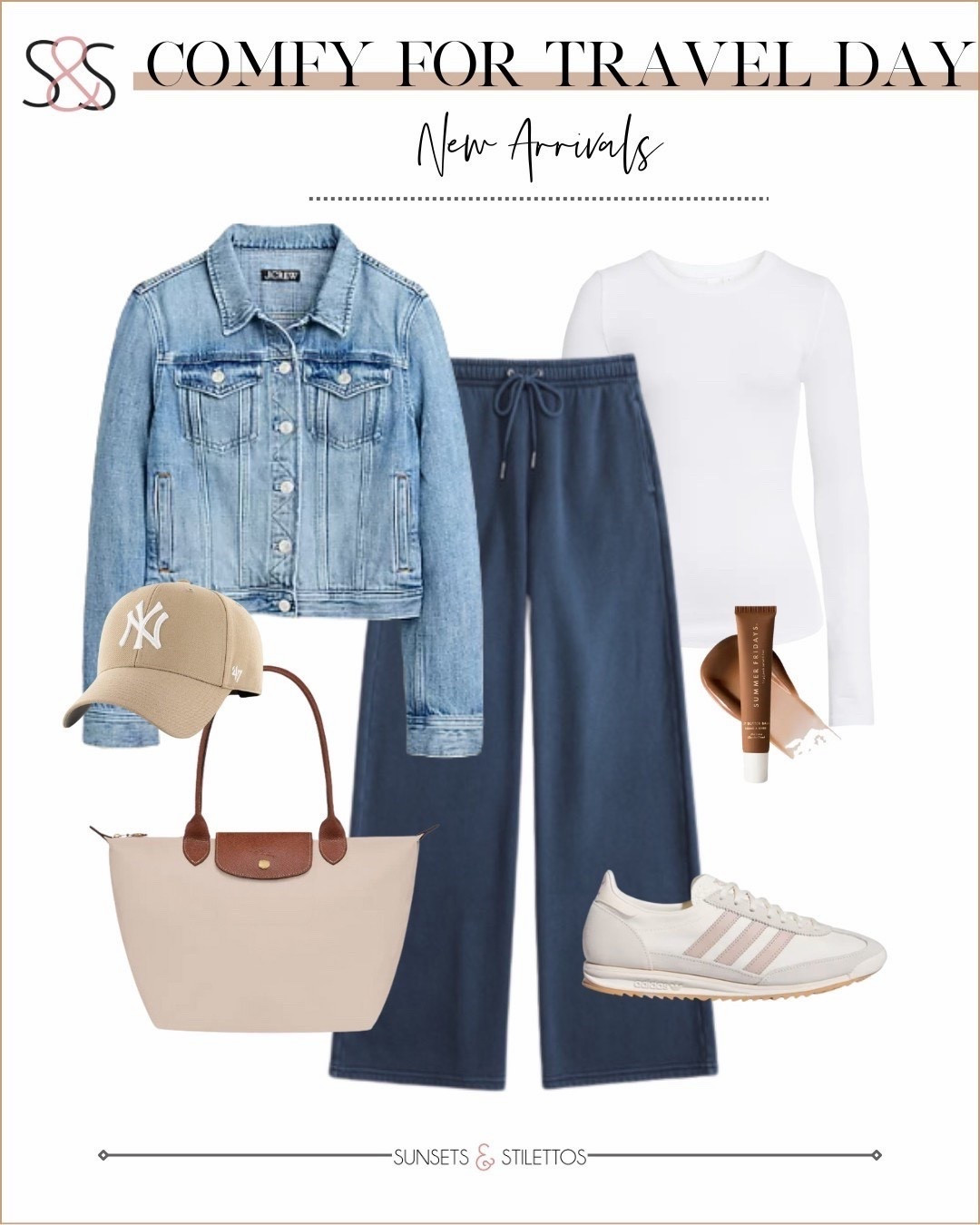 Travel days call for comfort that still looks pulled together. Soft wide leg pants, a classic tee, denim jacket, and sneakers make airport style easy and polished.

travel day outfit, comfy airport look, wide leg lounge pants, denim jacket outfit, white sneakers outfit, casual chic travel style, spring layering pieces, everyday capsule wardrobe

#LTKOver40 #LTKTravel #LTKSeasonal