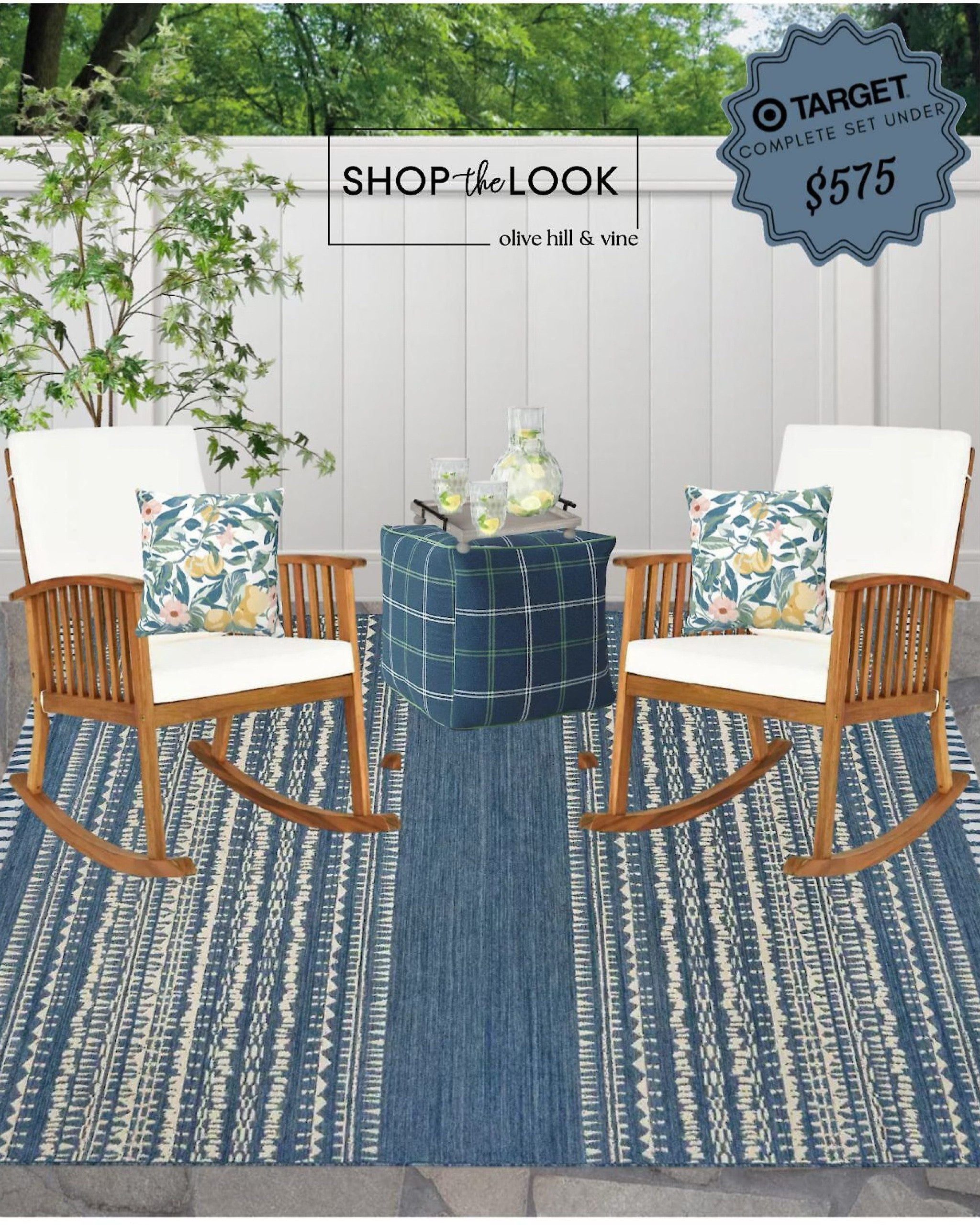 Revamp your patio with our curated set! Embrace comfort with a wooden rocker & cushions, add flair with a button tuft pouf & throw pillows. Elevate ambiance with an artificial maple tree & glass carafe. Complete with a striped rug & wooden tray—all under $575!

#LTKStyleTip #LTKHome #LTKFamily