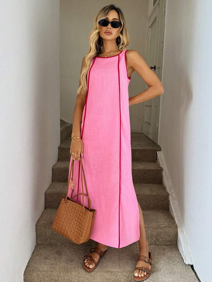 Easowa Sleeveless Round Neck Dress With Pink Side Slit Hem, Romantic Vacation Style, Suitable For Casual, Romantic, Daily Commute Wear, Spring/Summer Mothers's Day Summer Dresses For Women Wedding Guest Dress Women Vacation Outfits Women Tea Party Dress Wedding Guest Dress Women Elegant Dresses For Women Strapless Dress Tea Party Dress Women Dresses Elegant Gown | SHEIN