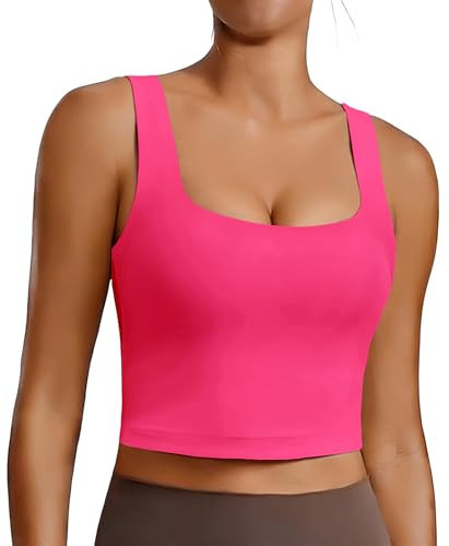 PINSPARK Hot Pink Sports Bra Padded Workout Tops for Women Built in Bra Square Neck Yoga Top Longline Tennis Workout Tank Small,Hot Pink | Amazon (US)