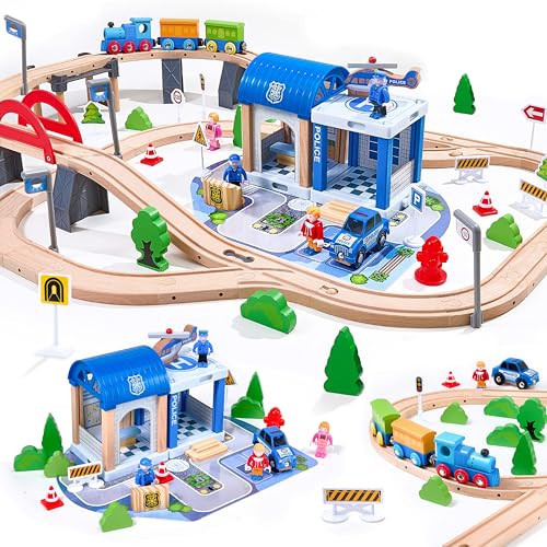 102Pcs Wooden Train Set for Toddlers, Wooden Train Track - Expandable and Changeable, Safe Educational Train Toys Gift for Boys & Girls Kids Ages 3-5 4-8, Compatible with All Major Brands | Amazon (US)