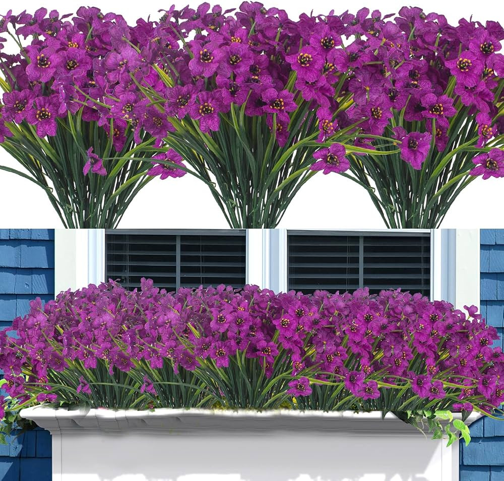 Grunyia 20 Bundles Artificial Flowers Outdoor UV Resistant Fake Flowers (Deep Purple) | Amazon (US)