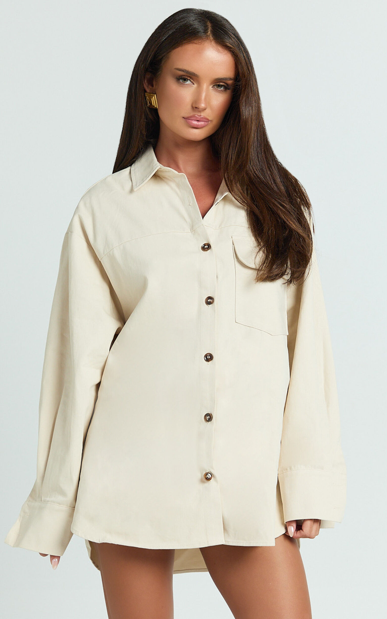 Tiffany Top - Long Sleeve Oversized Utility Button Down Shirt in Stone | Showpo (ANZ)