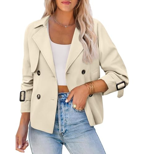 AGSEEM Womens Cropped Trench Coat Casual Double Breasted Long Sleeve Lapel Short Jackets with Poc... | Amazon (US)