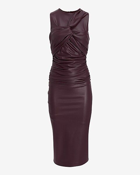 Body Contour Faux Leather Twist Front Midi Dress With Built-In Shapewear | Express