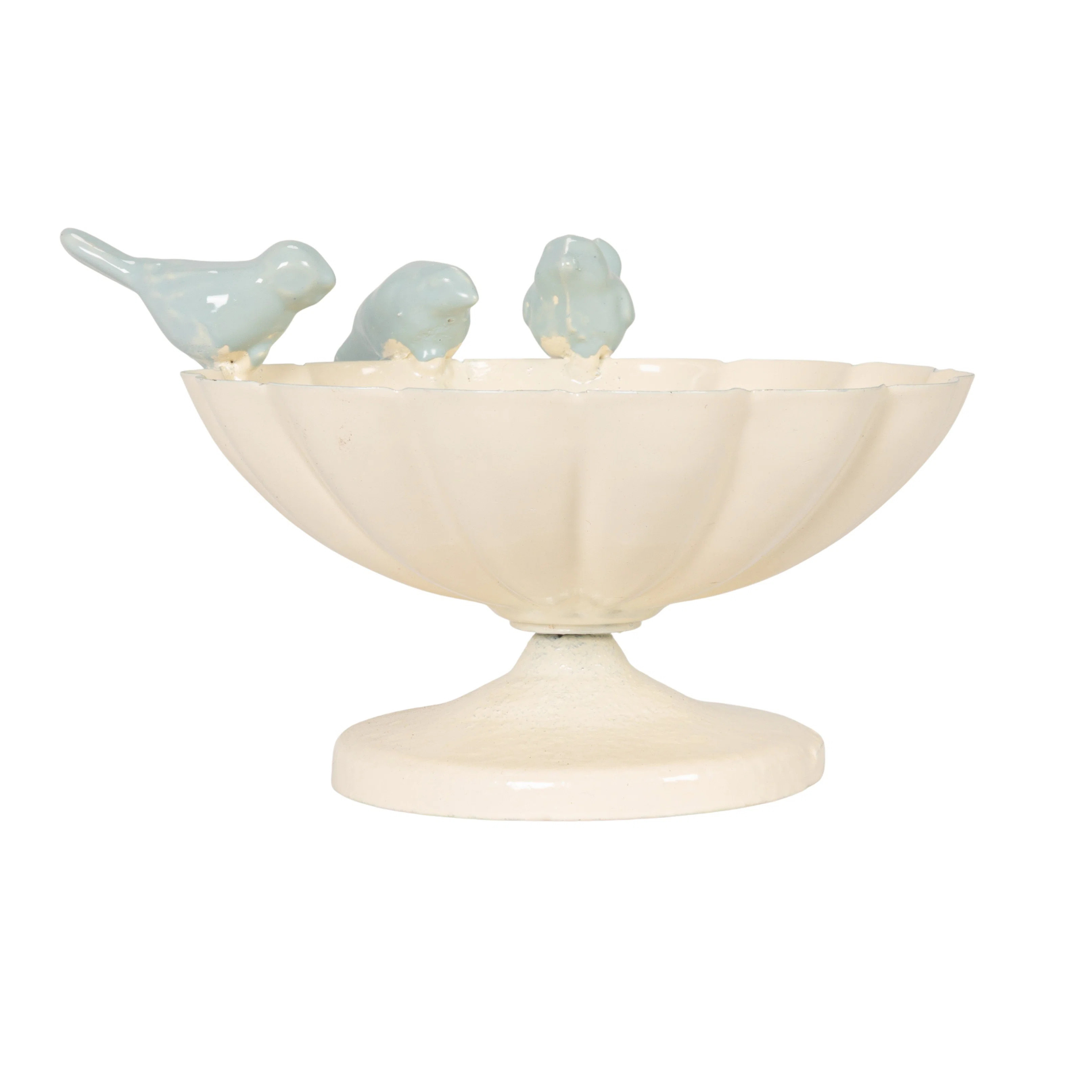 Decorative Metal Scalloped Bowl With 3D Birds On Rim, Antique White And Blue | Wayfair North America