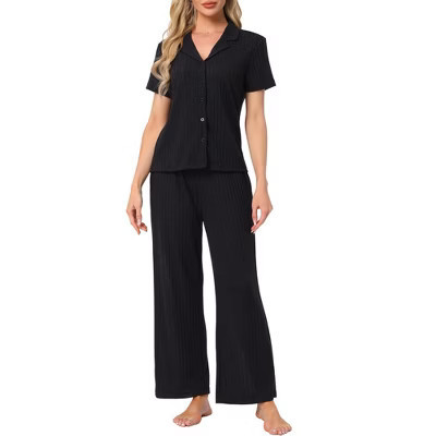 INSPIRE CHIC Women's Turndown Collar Knit Short Sleeve Top with Side Pocket Long Pant Pajamas Set X-Large Black | Target
