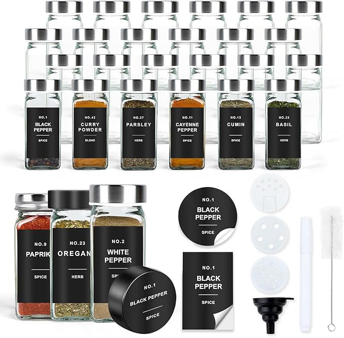 Spice Jars with Label, 24pcs 4oz Glass Spice Jars with Stainless Steel Lids, Square Spice Contain... | Amazon (US)