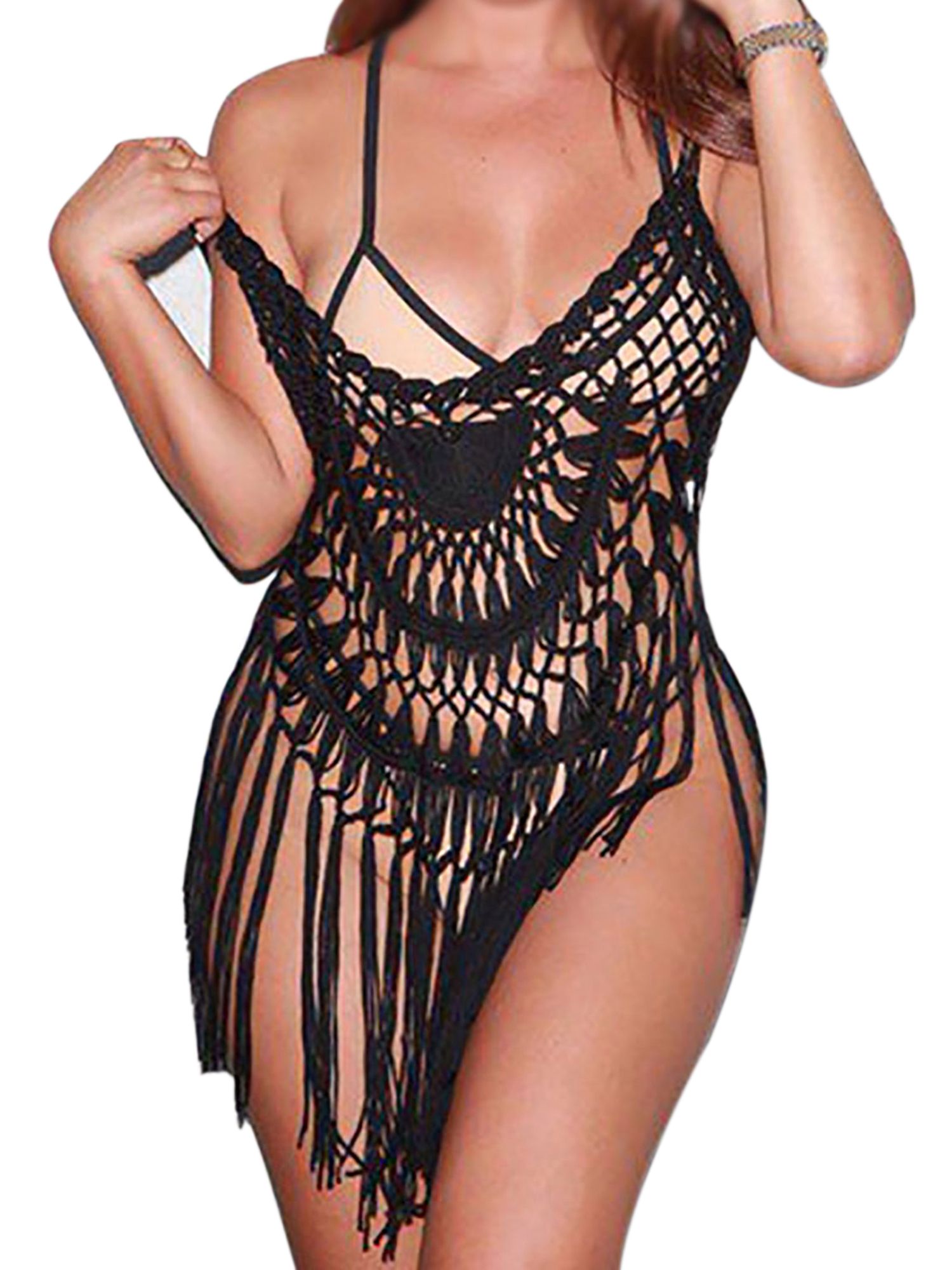 Swim Cover Up for Women Hollow Out Tassel Spaghetti Strap  Summer Bathing Suit Sleeveless Casual ... | Walmart (US)