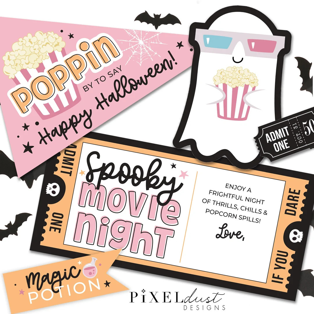 Printable Halloween Movie Night Gift Basket Flags, Retro Scary Movie Night Printable, Family Movi... | Etsy (US)