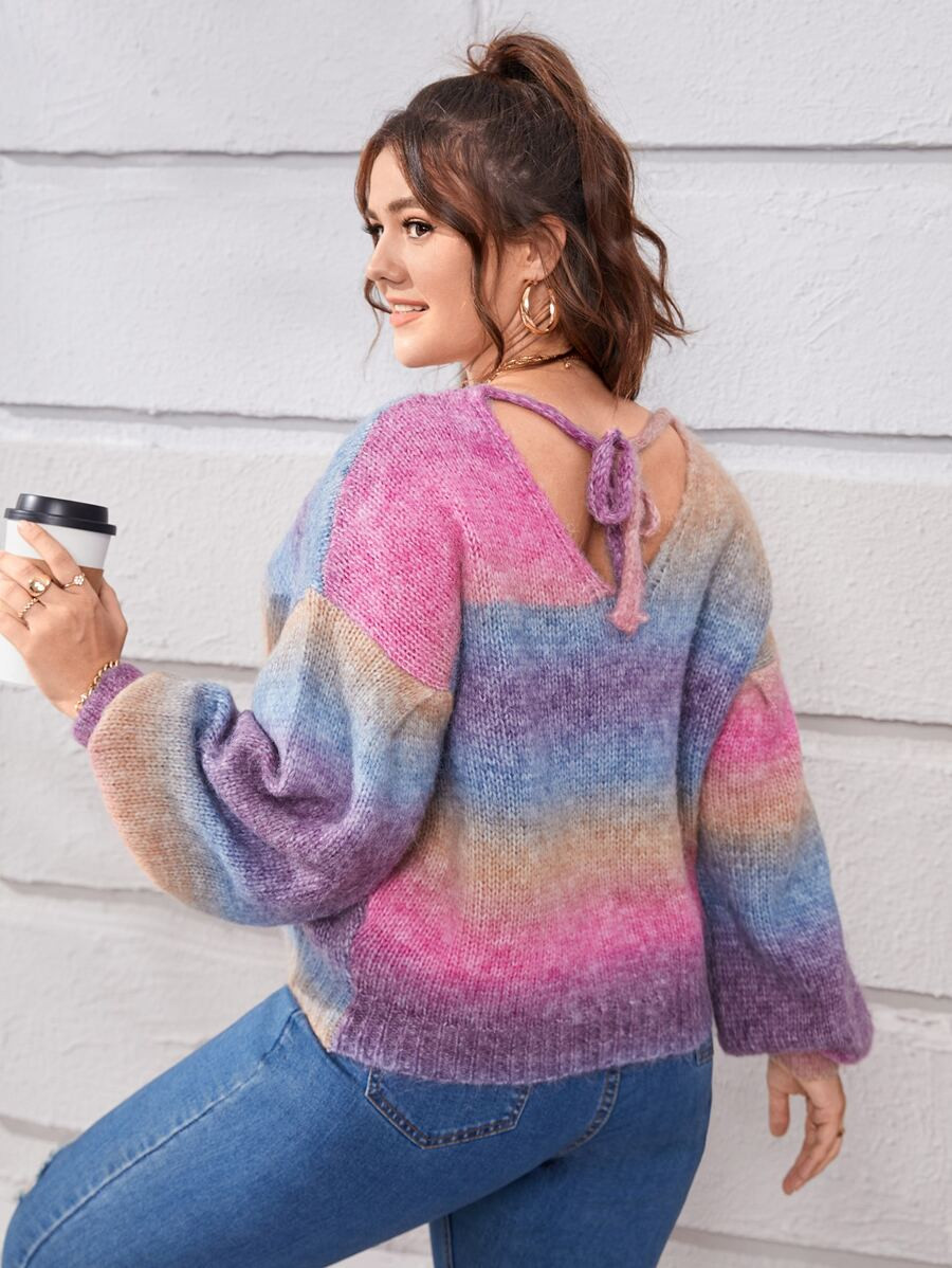 Plus Tie Back Drop Shoulder Ombre Sweater | SHEIN