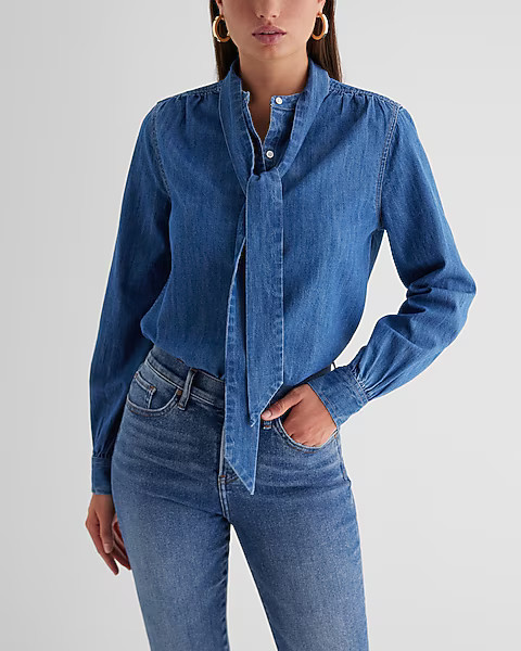Relaxed Denim Tie Neck Portofino Shirt | Express