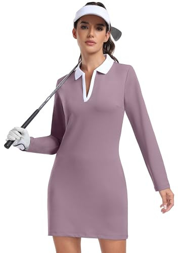 Hiverlay Womens Golf Dress Long Sleeve V Neck Collar Polo Dress Mauve L | Amazon (US)