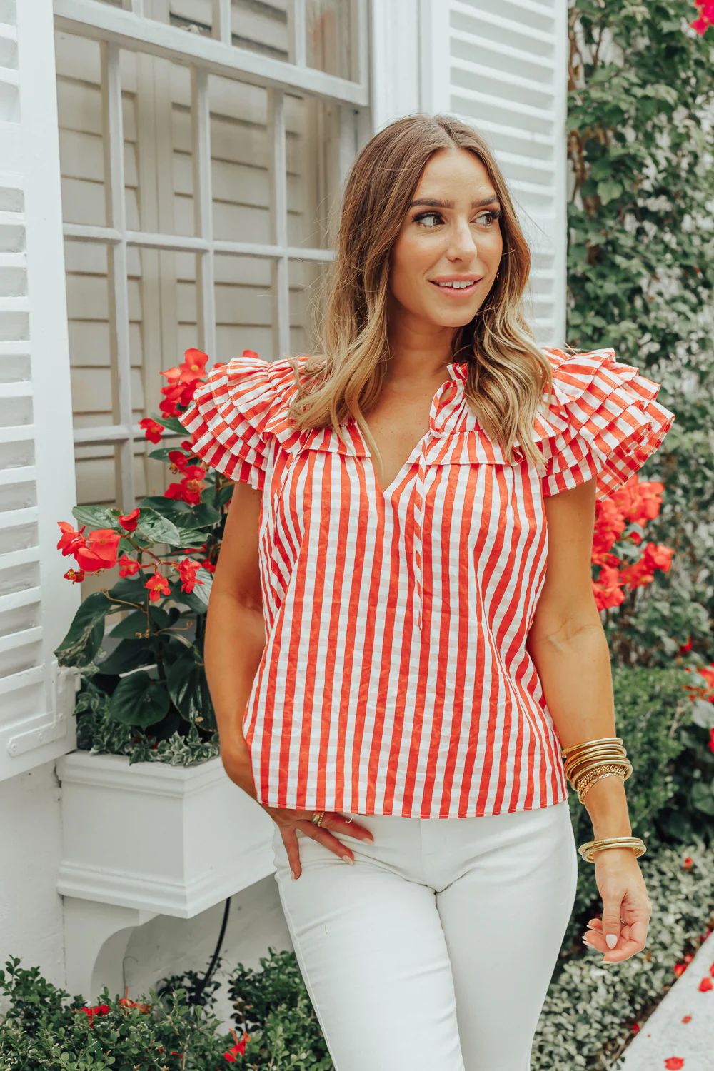 Carla Ruffle Eyelet Top - Red Checker | BuddyLove