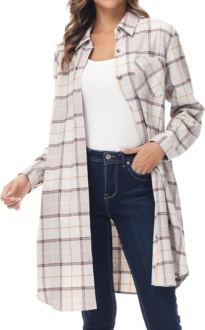 MCEDAR Women's Button Down Long Plaid Flannel Shirt,Plus Size Casual Roll Up Long Sleeve Shirts(S... | Amazon (US)
