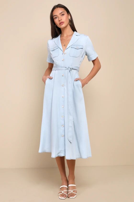 Pleasant Cutie Blue Chambray Collared Midi Dress With Pockets | Lulus