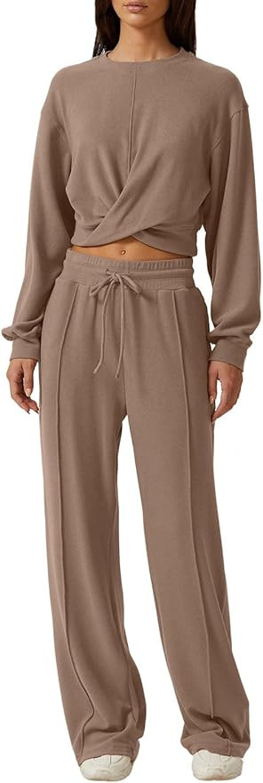 QINSEN Women 2 Piece Outfits Sweatsuit Set Twist Front Cropped Sweatshirt Wide Leg Sweatpant Loun... | Amazon (US)
