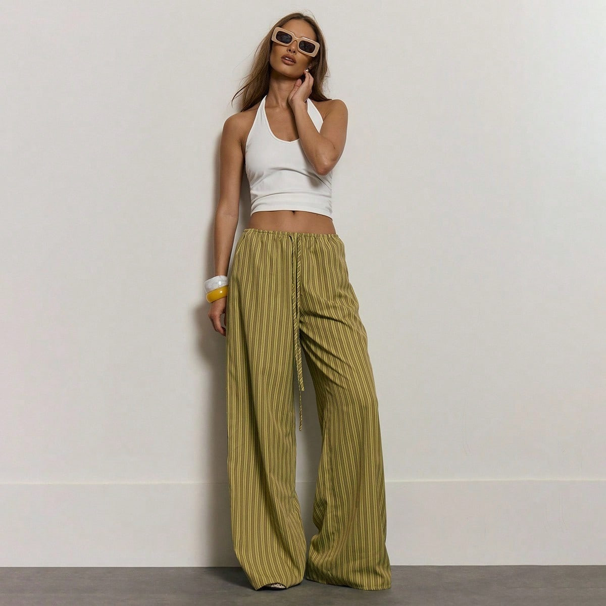 MUSERA Stripe Drawstring Wide Leg Trousers Cute Summer Holiday Vacation Casual Elegant Beach Linen Style Trousers Collective Office Attire For Women Office Wear Women Spring Pants | SHEIN