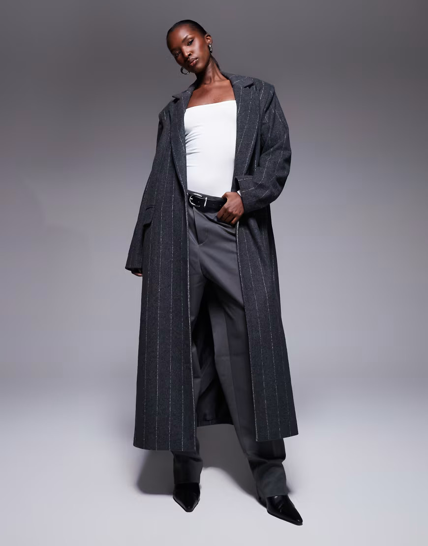 Aria Cove oversized tailored collar detail longline coat with wool in charcoal pinstripe-Grey | ASOS (Global)