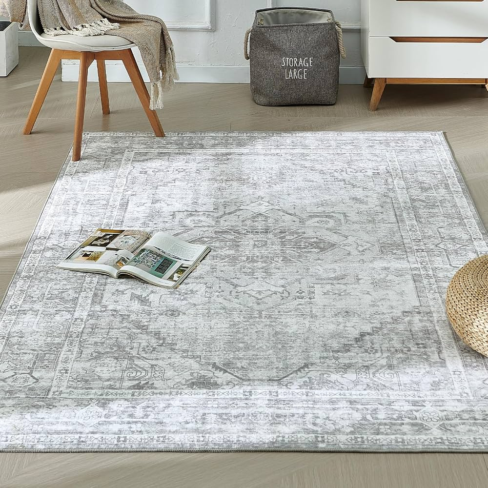 Vintage Washable Area Rug 4x6 Light Grey/Multi Low-Pile Indoor Floral Print Carpet Non Slip Print... | Amazon (US)