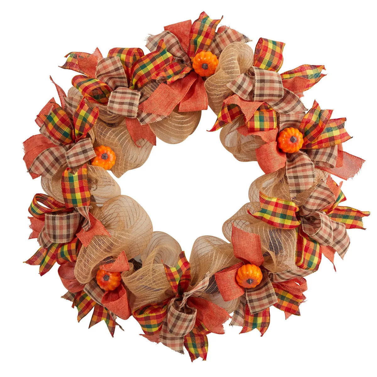 Nearly Natural 30” Autumn Pumpkin with Decorative Bows Artificial Fall Wreath | Target