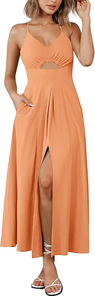 BTFBM Women 2025 Summer Spaghetti Strap Midi Dress Sleeveless V Neck Cutout Slit Casual Beach Par... | Amazon (US)