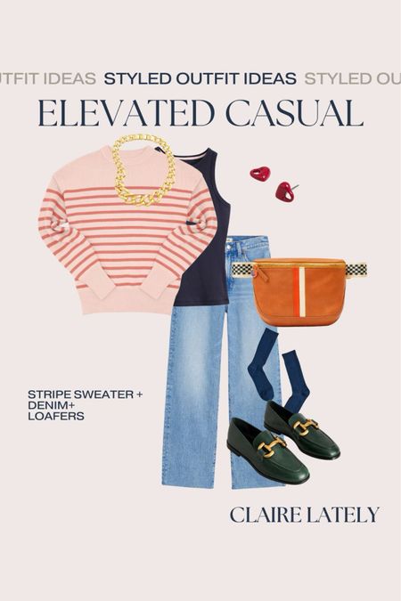 Styled outfit idea: elevated casual for work or weekend.
Stripe sweater (can be personalized!) racerback layering tank, chunky statement gold necklace, Clare v x mother belt bag, heart stud earrings, wide leg denim, trouser socks, Green loafers
❤️ Claire Lately 


#LTKMostLoved #LTKstyletip #LTKSeasonal