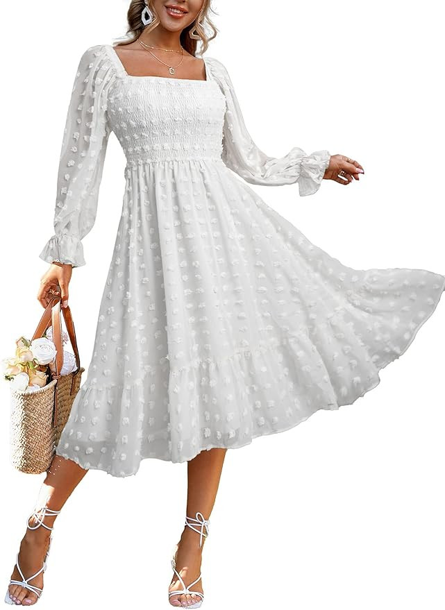 Amegoya Women's Boho Flowy Long Sleeve Square Neck Floral Midi Dress Smocked Spring Fall Wedding ... | Amazon (US)