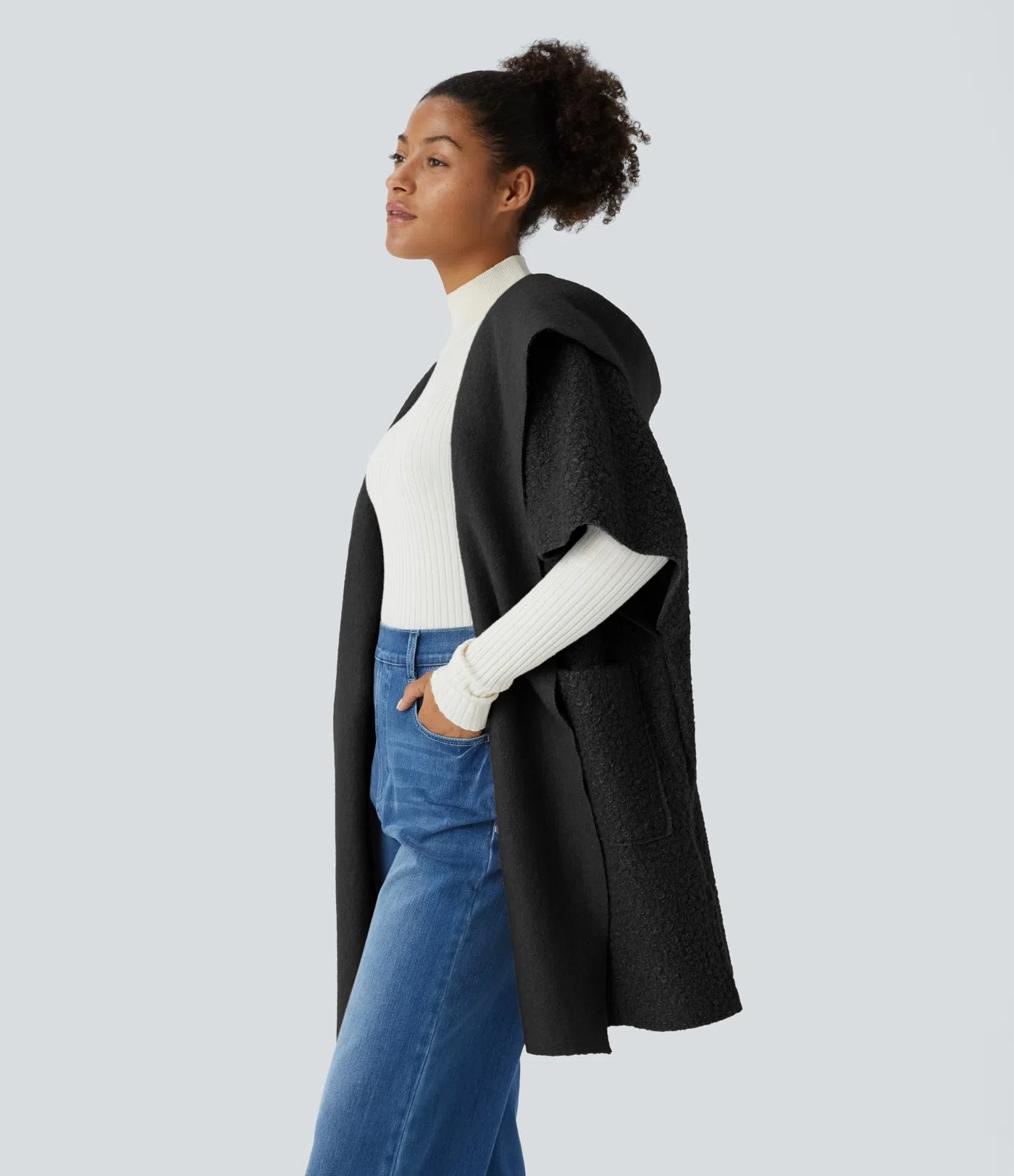 Women’s Hooded Waterfall Short Sleeve Side Pocket Split Casual Teddy Jacket - Halara | HALARA