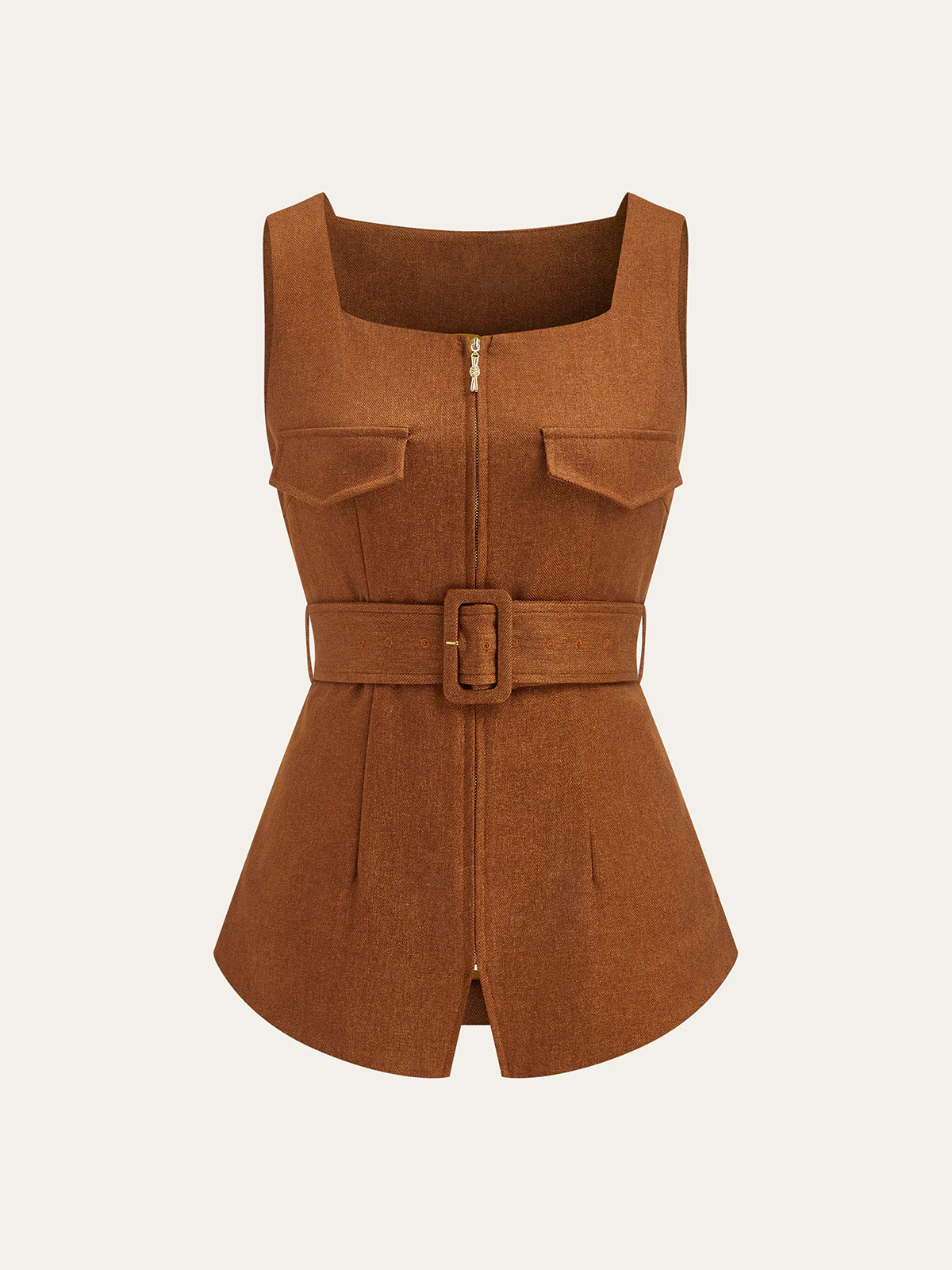 Square Neck Zip Front Belted Vest | Commense