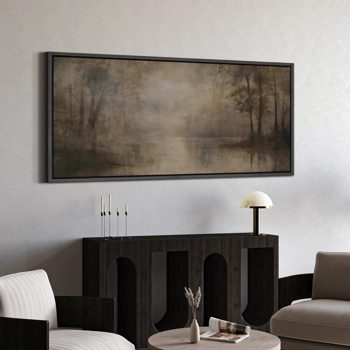 Misty Forest River Scene Framed Canvas Wall Art - Moody Neutral Nature Landscape for Rustic or Tr... | Wayfair North America