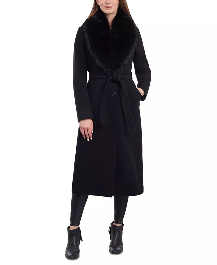 Women's Faux-Fur-Collar Belted Coat | Macy's