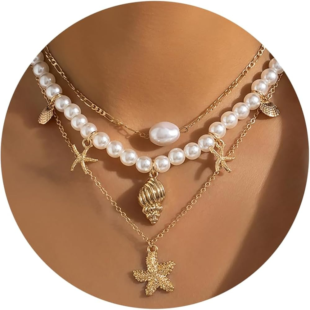 Shell Necklaces for Women Layered Gold Boho Beaded Seashell Choker Adjustable Pearl Starfish Neck... | Amazon (US)