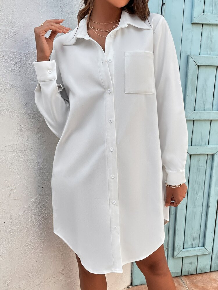 SHEIN Frenchy Patched Pocket Curved Hem Button Front Shirt Dress | SHEIN