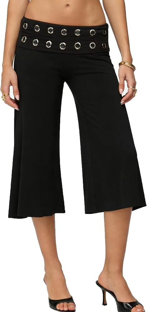 Yiulangde Womens Fold Over Gaucho Pants Culottes Low Rise Capris Foldover Flowy Going Out Flare B... | Amazon (US)