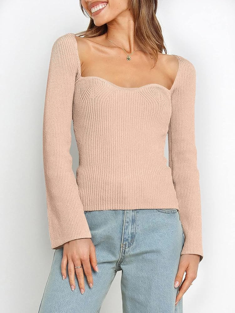 ANRABESS Womens Long Sleeve Sweetheart Neck Stretch Ribbed Knit Slim Fit Solid Crop Sweater Top | Amazon (US)