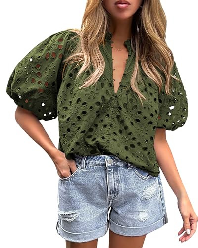 PRETTYGARDEN Women's Summer Tops 2025 Dressy Casual Short Sleeve V Neck Buttons Hollow Out Lace Embroidered Blouses Shirts (Army Green,XX-Large) | Amazon (US)