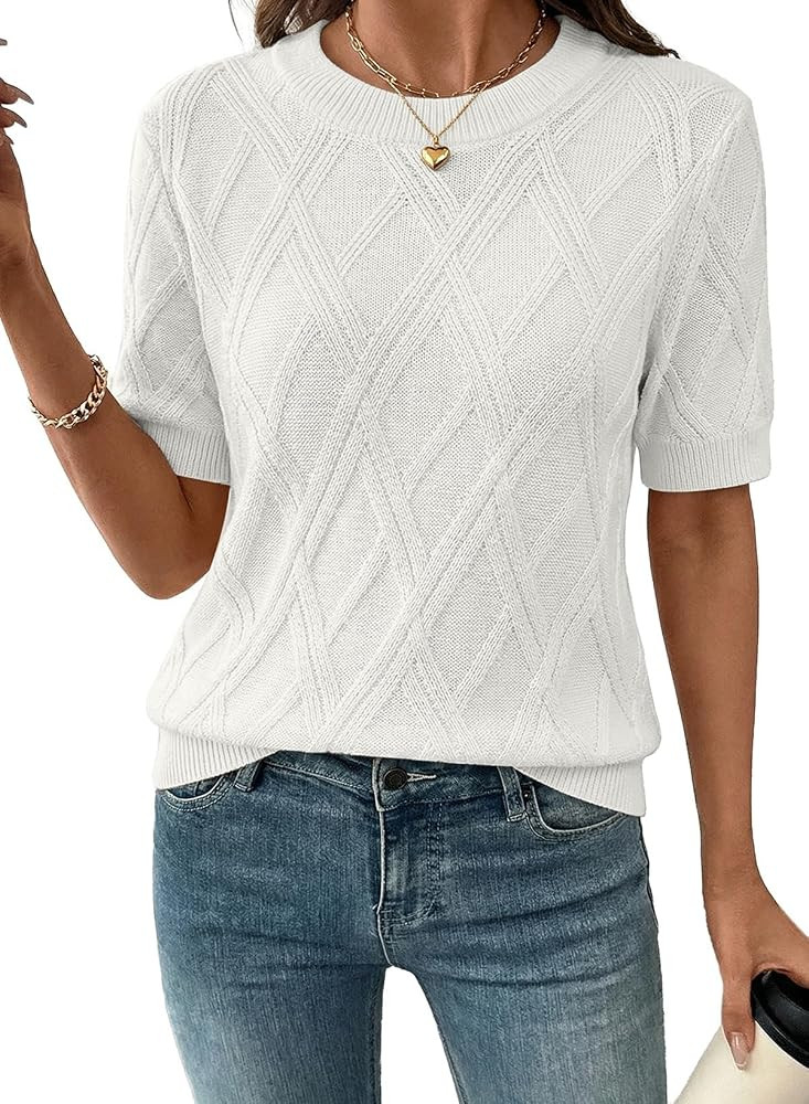 SHEWIN Womens Tops Crewneck Short Sleeve Sweater Cable Knit Business Casual Tops Fall Outfits for... | Amazon (US)