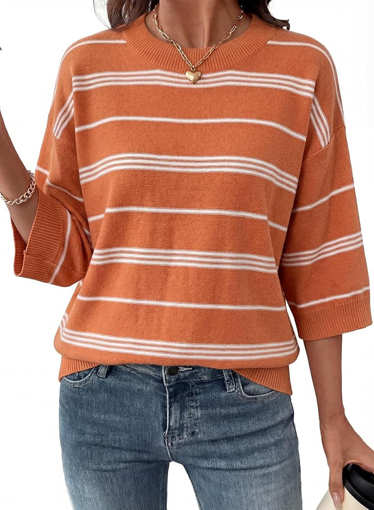 Dokotoo Womens Sweaters Spring Summer Oversized 3/4 Sleeve Striped Crewneck Casual Lightweight Kn... | Amazon (US)
