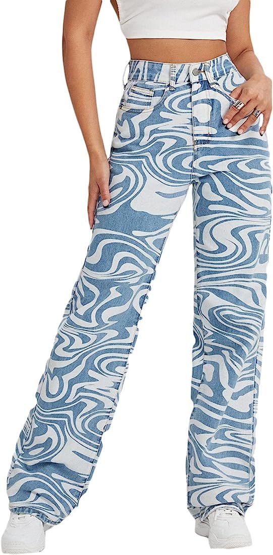 Floerns Women's High Waist Print Pants Y2K Print Wide Leg Denim Jeans | Amazon (US)