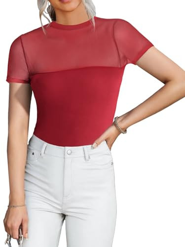 Womens Summer Tops - Red Short Sleeve Sheer Mesh Bodysuit Medium | Amazon (US)