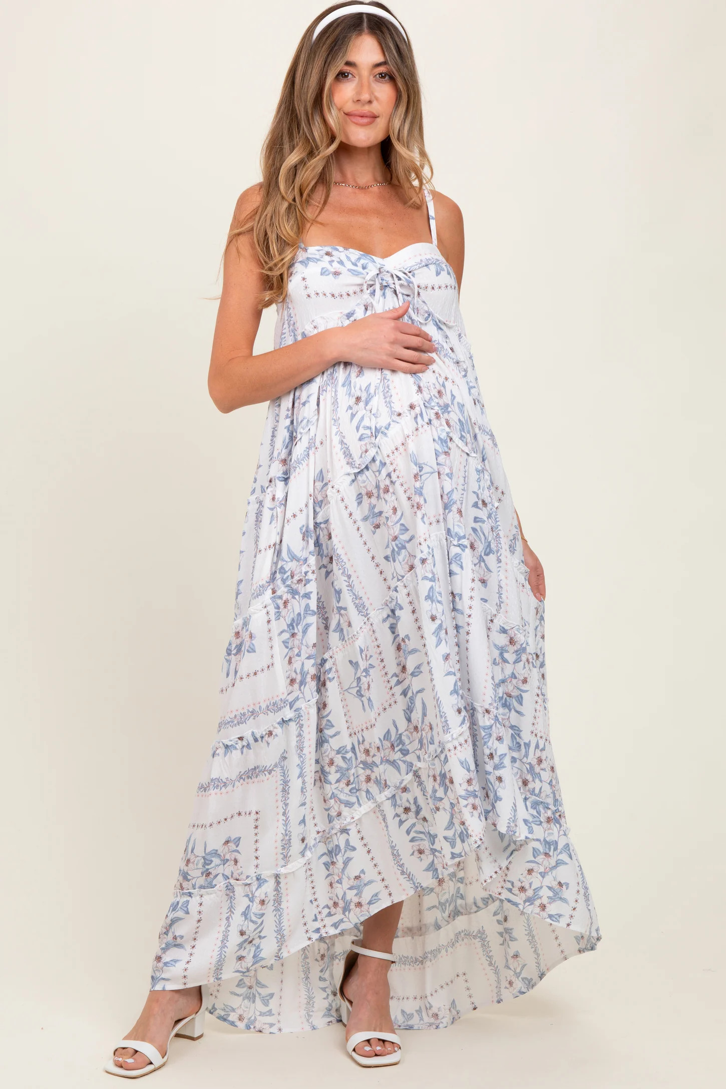 Light Blue Hi-Lo Spaghetti Strap Patchwork Ruffle Maternity Maxi Dress | PinkBlush Maternity