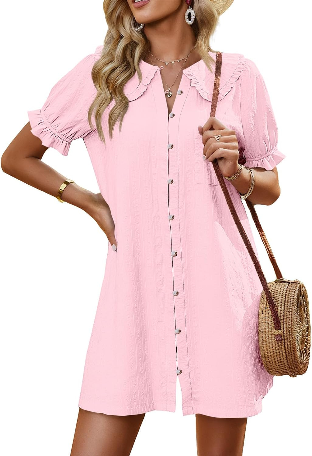 Cicy Bell Womens Peter Pan Collar Puff Short Sleeve Cute Mini Shirt Dress | Amazon (US)