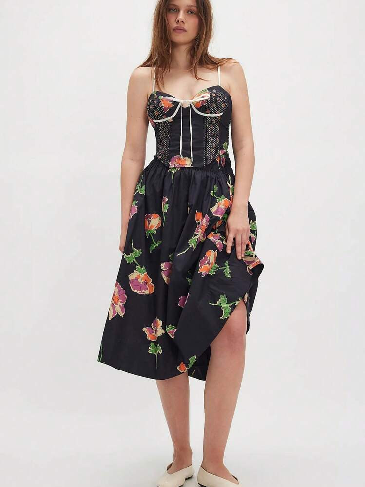 Women Y2k Flower Print 2 Piece Outfits Patchwork Front Tie-Up Camisoles And Ruched Ruffle Maxi Sk... | SHEIN