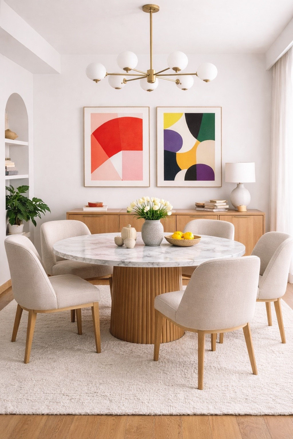 Bright modern dining room with a round wooden dining table, soft upholstered chairs and colorful abstract wall art. A perfect Scandinavian-inspired space with warm neutrals, natural wood tones and modern lighting that creates a cozy and stylish atmosphere for everyday dining.

#diningroom
#moderndiningroom
#scandinaviandesign
#rounddiningtable
#modernhome
#interiordesign
#neutralhome
#homedecor
#moderninterior
#diningroomdecor
#luxuryinterior
#pinteresthome
#ltkhome
#homestyle
#cozyhome
