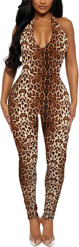 Women's Halter Bodycon Black Jumpsuits - One Piece Backless Leopard Summer Casual Workout Club Pa... | Amazon (US)